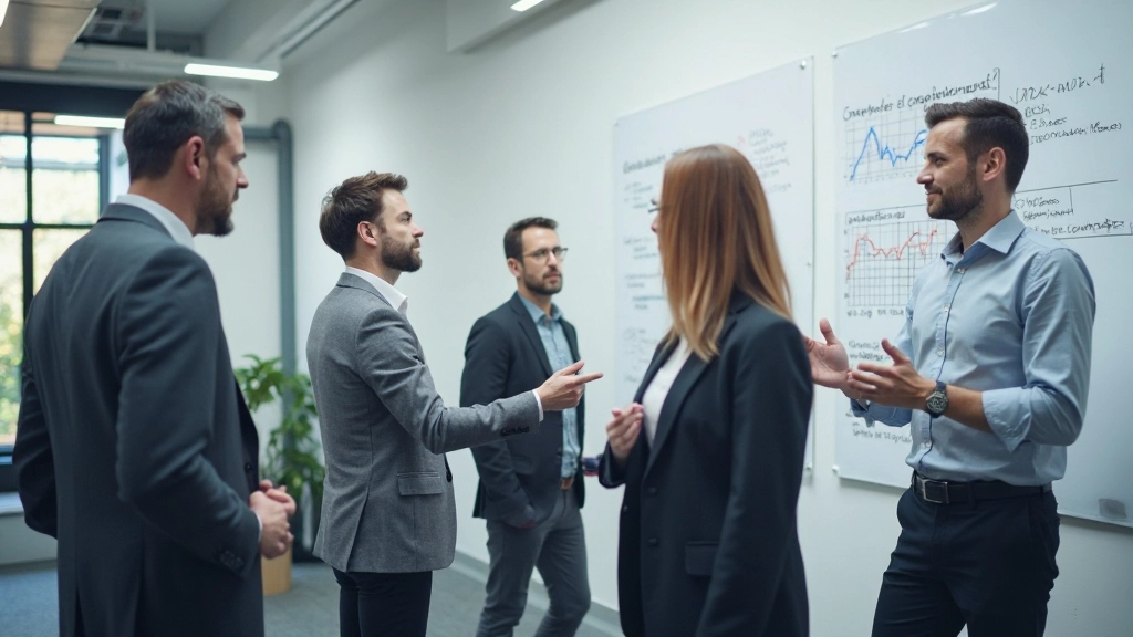 Groep zakenmensen bij whiteboard bespreekt strategische doelen en metrieken met grafieken en getallen