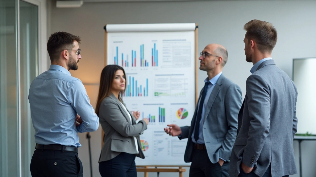 Zakenteam bestudeert grafieken en metreken op whiteboard in vergaderruimte met modern interieur