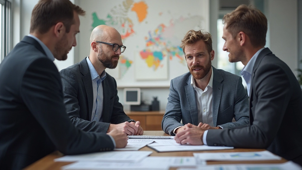 Businessteam staat rond tafel met grafieken en planningsschema's, werkt samen aan strategische planning