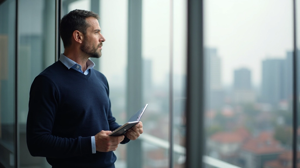 Zakenman kijkt uit over horizon met strategisch notitieboek, denkt na over toekomstvisie