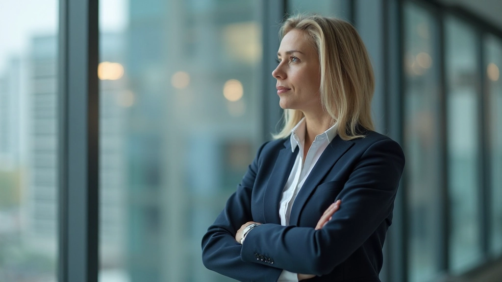 Professionele foto van zakenwoman die strategisch naar buiten kijkt vanuit kantoor, inspirerend moment van reflectie en planning