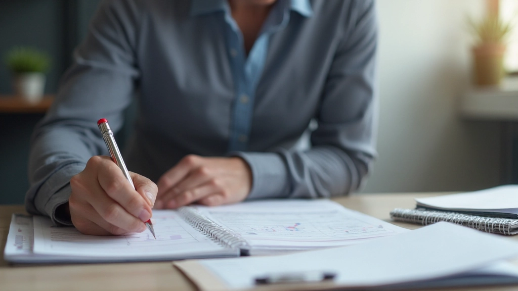 Close-up van persoon die strategische doelen opschrijft in planner, notities en aantekeningen op bureau