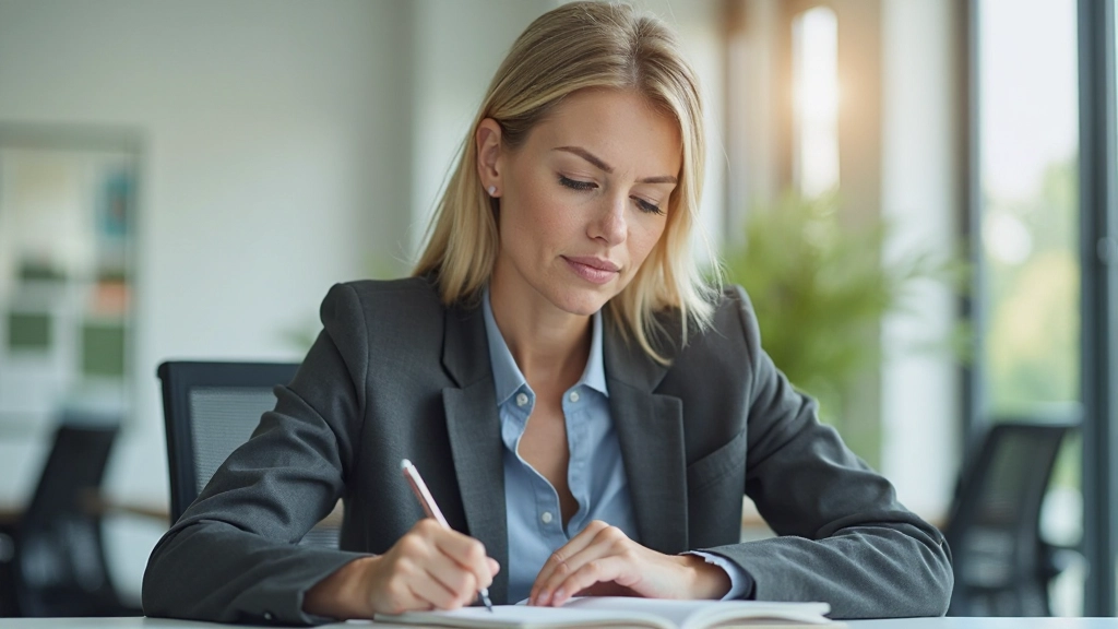 Professionele foto van een vrouw die aantekeningen maakt in een notitieboek, zit aan bureau in modern kantoor