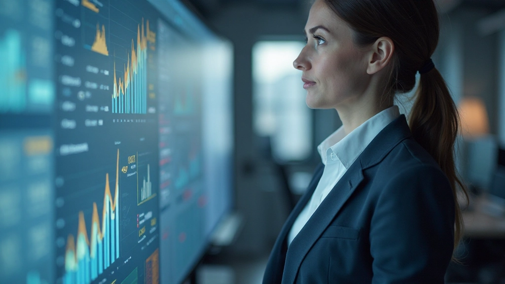 Vrouw bestudeert grote display scherm met real-time analytics en performance metrics in moderne werkruimte