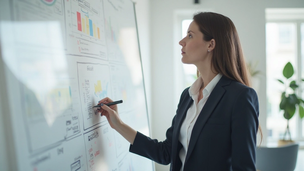 Professionele zakenvrouw schrijft op whiteboard met strategische diagrammen en grafieken